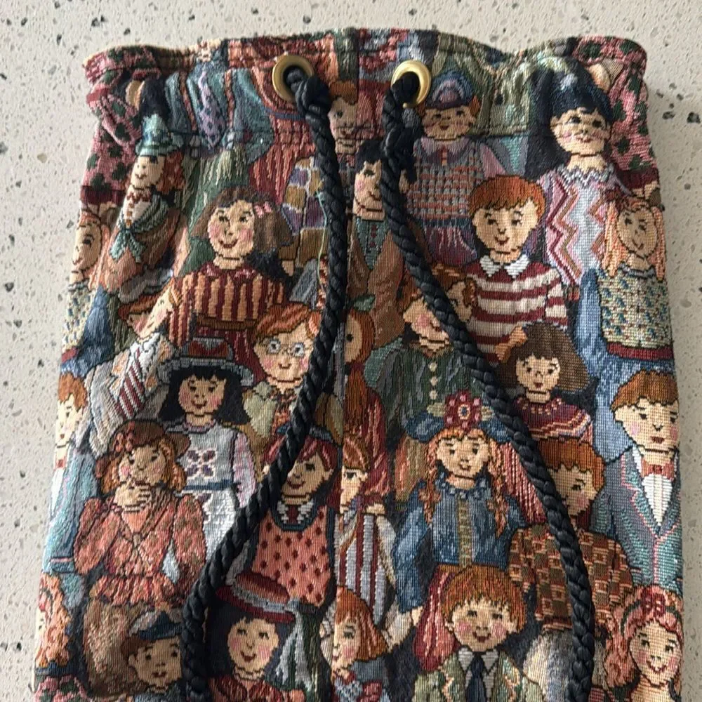 Vintage Children All Around the World Tapestry Drawstring Backpack Handmade Bag